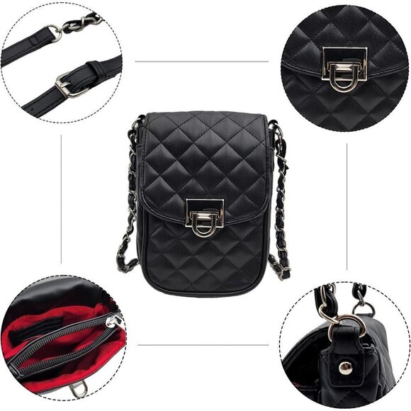 ⭐Women Small Vegan Black & Silver Leather Mini Shoulder Wallet Card Quilted - Picture 5 of 5